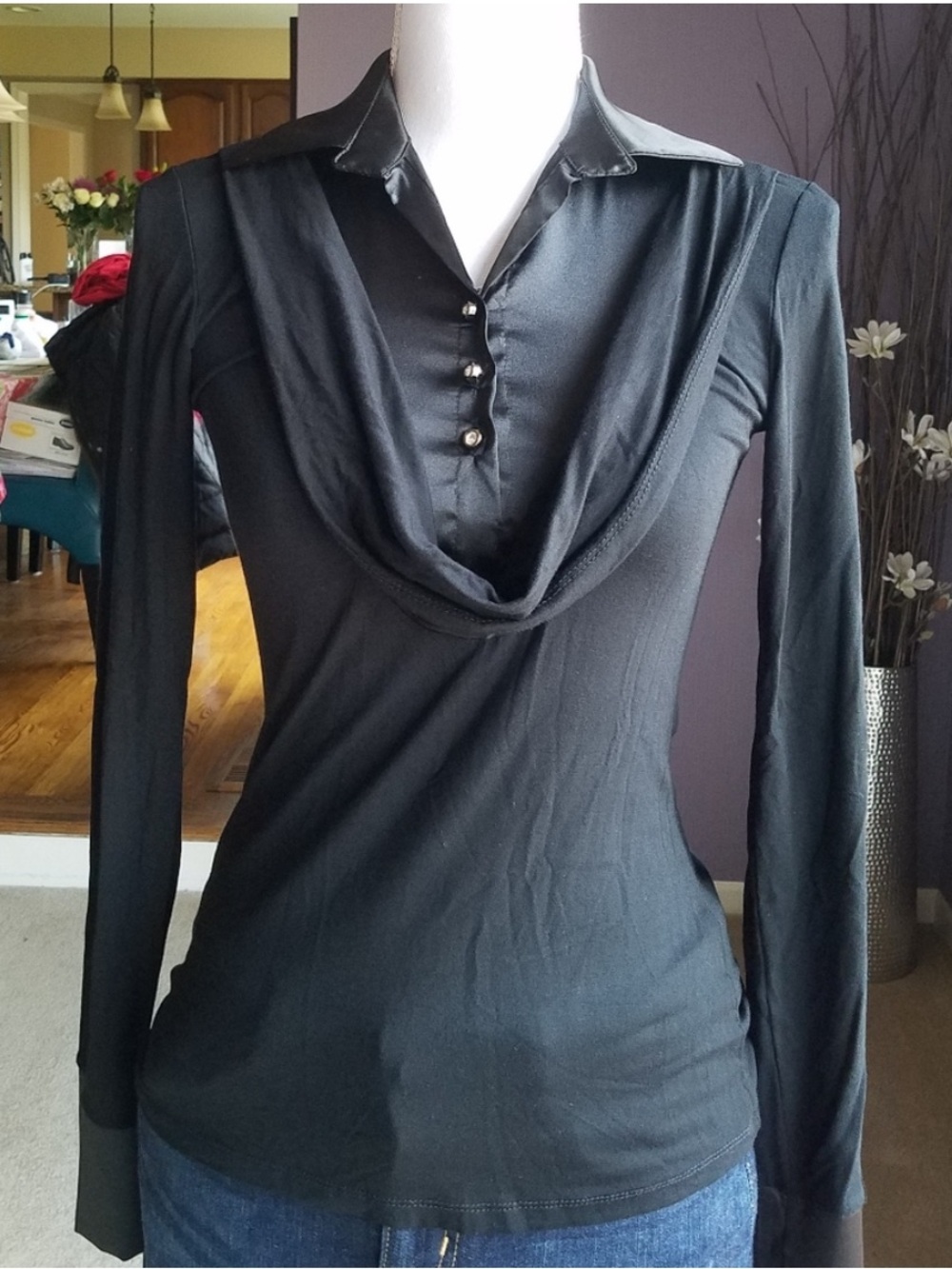 Black Satin Layered Cowl Neck Top from Italy